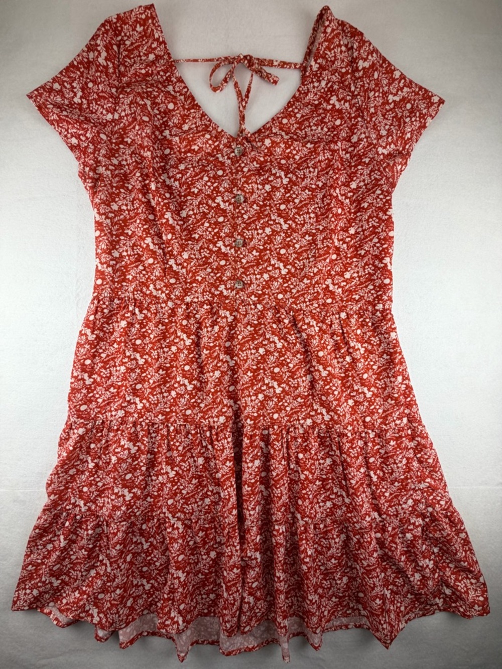 Boheme Red Floral Smocked Mini Dress‎ Tie Back Button Front XL